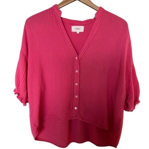 XIRENA 100% Cotton Gauze Alyss Shirt Short Sleeve Button Down Top Hot Pink Small